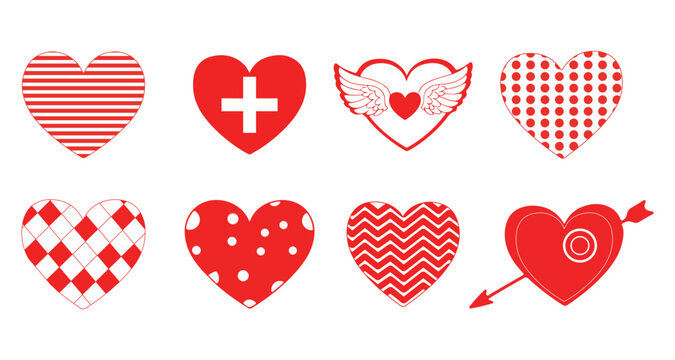 Collection of Stylized Red and White Heart Icons, Love, Romance, and Valentine&rsquo;s Symbols Set