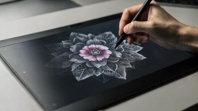 Focused view of an illustrator designing a realistic floral pattern on a graphic tablet detailed petals in sharp relief while workspace fades out.