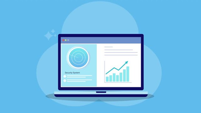 Animated flat vector illustration of an AI analytics dashboard on a laptop screen with radar interface and data charts, representing monitoring, performance tracking, and digital analytics technology.