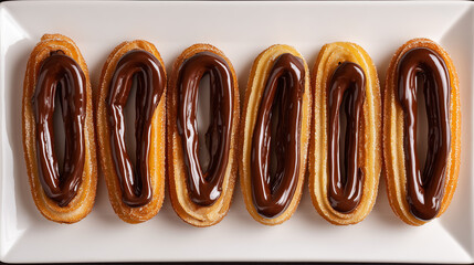 艶やかなチョコレートソースを贅沢にかけた揚げたてのチュロスが並ぶ一皿