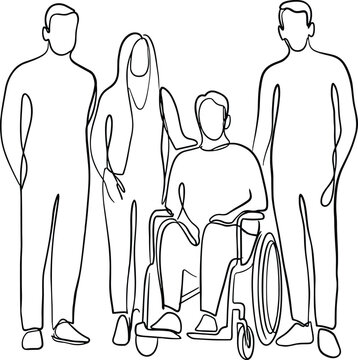 One line drawing of diverse group of people including a man in a wheelchair isolated on white background for inclusion.