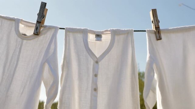 White linen clothes drying on a clothesline outdoors Generative AI