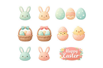 Fototapeta premium Pastel Easter stickers with bunnies, eggs, and chicks