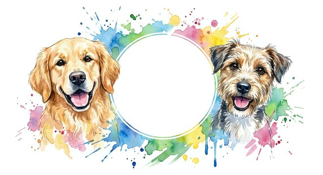 Golden retriever and mixed breed dog with colorful watercolor splashes surrounding white circle frame for pet services branding and design projects.