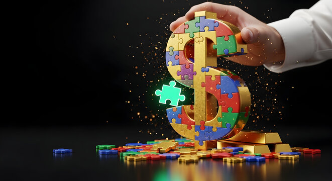 Merakit puzzle tanda dolar dengan tangan menggunakan potongan-potongan berwarna-warni.