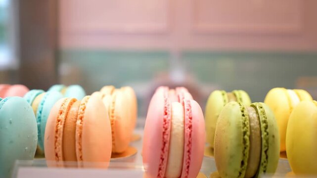 Delicious colorful French macarons and gourmet pastry cookies in pink, green, and yellow hues rest on a traditional wooden table as a sweet snack