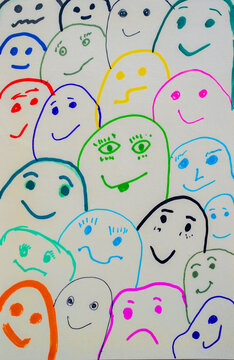 Ilustraci&oacute;n colorida de rostros expresivos dibujados a mano que representan diversidad emocional