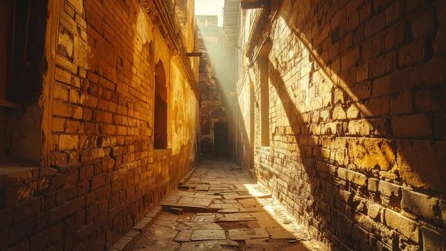 A sunlit, narrow brick alleyway with aged buildings, leading to a dark doorway
