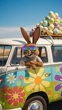 Cool Easter Bunny Driving Hippie Van with Pile of Decorated Eggs on Beach