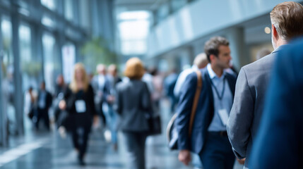 Fototapeta premium Faceless professionals networking and interacting in a spacious modern conference hall, wide-angle shot with active crowd movement and motion blur, defocused background, business