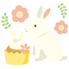 春の植物とうさぎとカップケーキのイラスト イースター