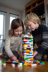 Fototapeta premium Indoor Playtime: Kids Building Creativity with Colorful Construction Toys