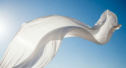 White Fabric Flying in the Air Against Blue Sky with Sunlight