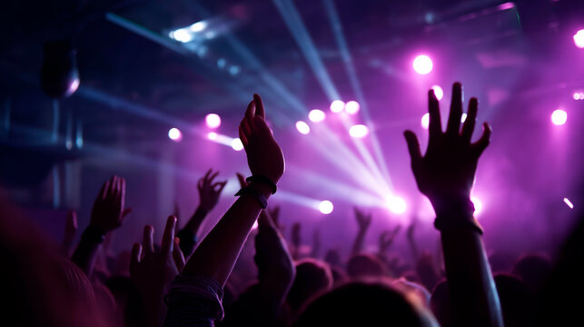 Crowd silhouettes raising their hands and dancing under sweeping ultraviolet lights in a packed nightclub during a DJ set, defocused background, club music event concept,