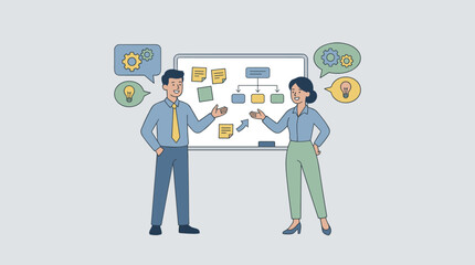 Business Teamwork and Collaboration Concept with Man and Woman Colleagues Brainstorming Ideas at Whiteboard with Sticky Notes and Flowchart for Project Planning, Strategy, and Creative Solution © Ch Talha