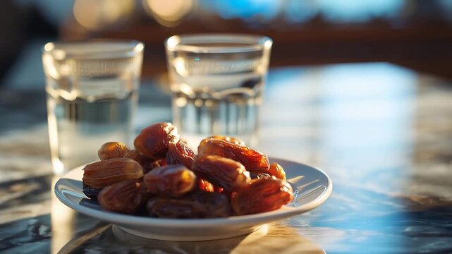 Ultra HD Dates and water on a table, ready for iftar during ramadan, with warm sunlight creating a serene atmosphere video