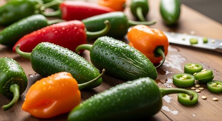 Vibrant Chili Symphony: An artistic arrangement of fresh, colorful chilies and sliced peppers, ready for culinary adventure.