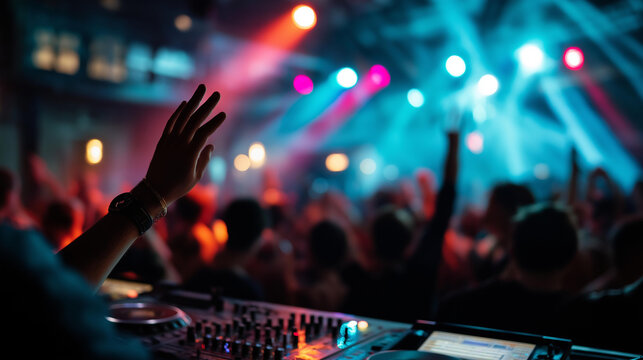 Silhouettes of dancing people illuminated by sweeping ultraviolet beams in a packed nightclub venue with a DJ controlling the music, defocused crowd background, New Year party