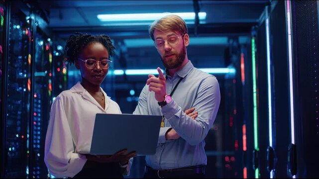black woman and white man, it engineers, standing in front of a computer server