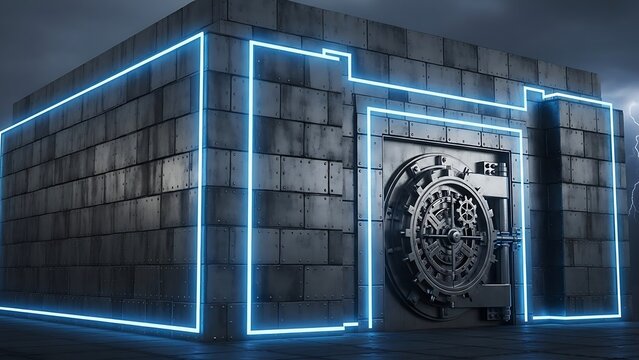 Futuristic Digital Security Vault: Neon-Lit, Industrial Stronghold with Advanced Protection & Cyber Atmosphere