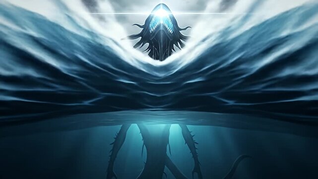 A sea monster rises from dark waters, revealing its serpentine form below the surface