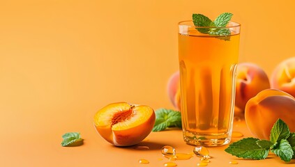 Fototapeta premium Fresh peach juice in tall glass with mint garnish on orange background, healthy summer drink with sliced fruit for refreshing beverage concepts.