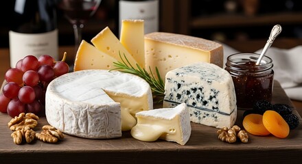 A Cheese Board: A curated assortment of gourmet cheeses, complemented by succulent grapes, nuts, preserves, and wine, invites a sensory journey of flavors and textures. 
