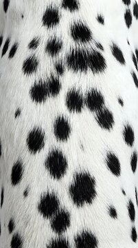 Close-up of dalmatian dog fur showing distinctive black spots on white coat with natural hair texture and pattern detail for animal and pet design projects.