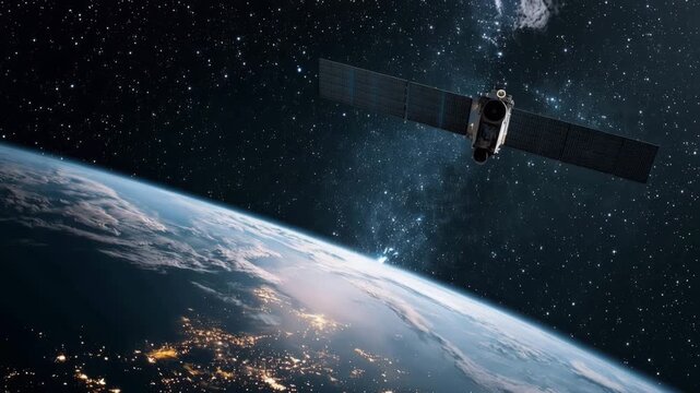 Satellite orbiting Earth captures stunning view of planet's surface illuminated by city lights, with vast starry sky and cosmic elements in the background