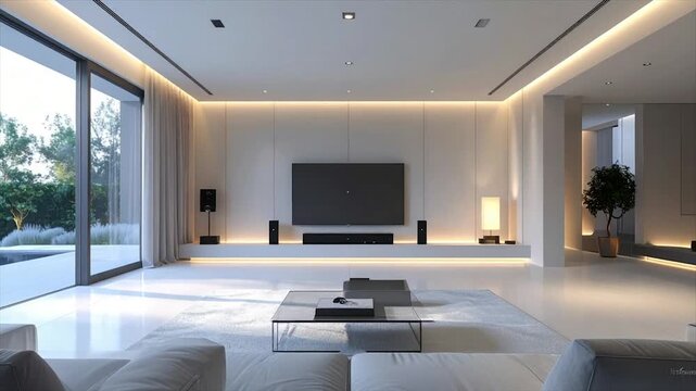 Contemporary living room with large window, TV, speakers, and indirect lighting