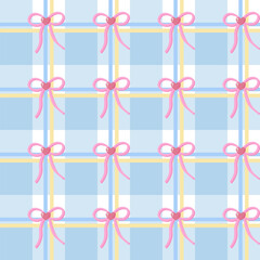 Pastel Blue Gingham Pattern with Pink Heart Bows Seamless Background