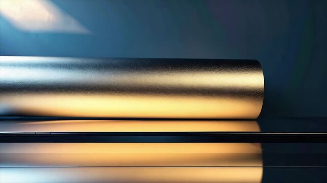 A metallic scroll unfurls against a dark blue gradient backdrop with a reflective surface