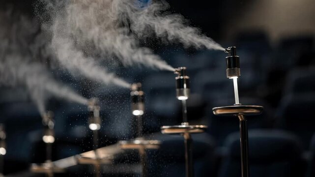 Closeup medium shot of scent emitters activating in a 4D immersive environment highlighting the delicate perfume nozzles against a softfocused seating area.