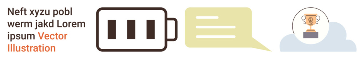 Communication, achievement, energy, goal setting, motivation, progress tracking. Minimalist battery icon, speech bubble and trophy symbol. Communication and achievement symbolic imagery
