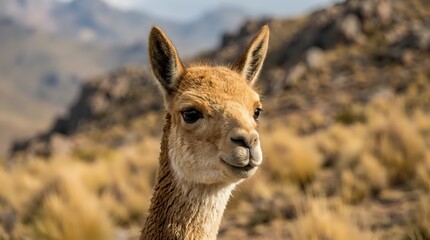 Fototapeta premium Young vicuña portrait in natural Andean mountain habitat with golden fur and alert expression against blurred rocky landscape background.