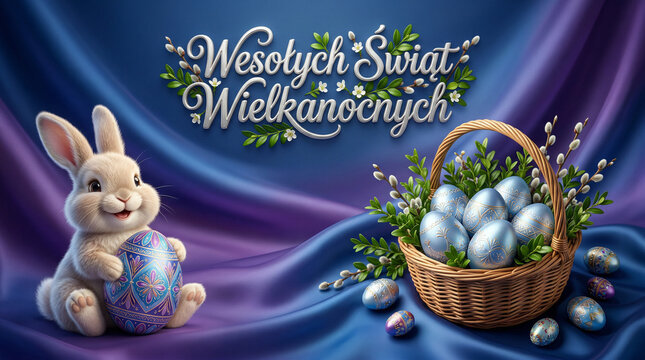 Kartka na święta Wielkanocne z widocznym napisem z życzeniami "Wesołych Świąt Wielkanocnych"