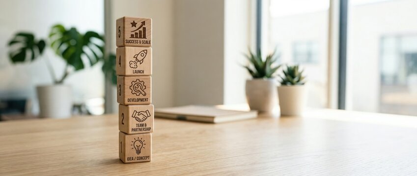 stacked wooden cubes showing startup growth stages on office desk with idea team development launch success scale icons bright interior copyspace concept of business consulting accelerator