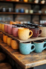 Obraz premium Colorful handmade ceramic mugs with speckled glaze displayed on wooden shelves in artisan pottery shop showcasing traditional craftsmanship and rustic charm.