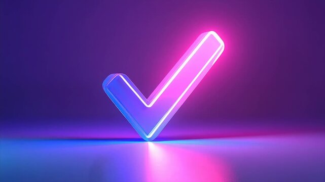 A glowing, neon checkmark symbol is illuminated in a purple and pink futuristic scene