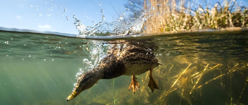 Duck diving underwater in clear lake water with splash above surface creating dynamic split-level view of waterfowl swimming and feeding behavior.