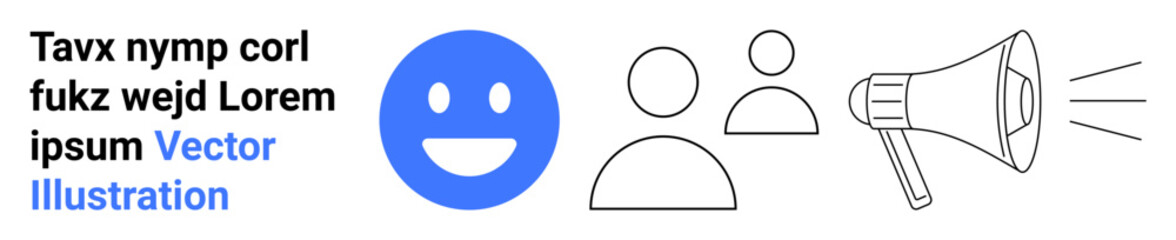 Fototapeta premium Communication, advocacy, social media marketing, teamwork, announcement, public relations. A blue smiling face, group of user icons and a loudspeaker. Communication and advocacy concepts