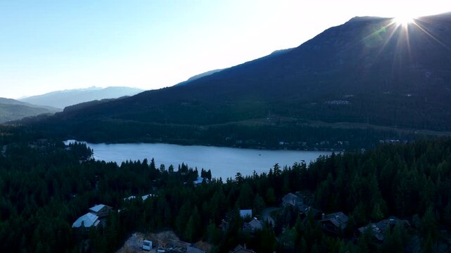 Sunset Aerial Over Alta Lake and Whistler Mountains, British Columbia Canada