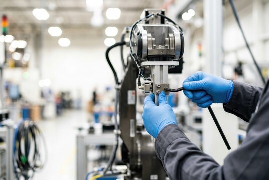 Factory engineer wearing blue gloves using a hex wrench to assemble an industrial robotic arm