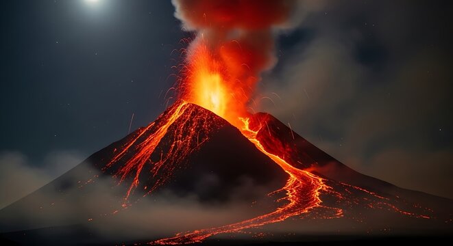 Dramatic Volcanic Eruption at Night - A Fiery Display of Natures Power.