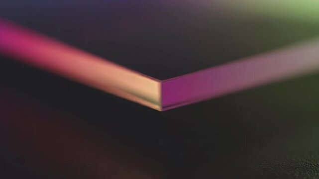 Extreme close-up of a sharp translucent glass corner illuminated by shifting neon gradient lights against a dark textured background