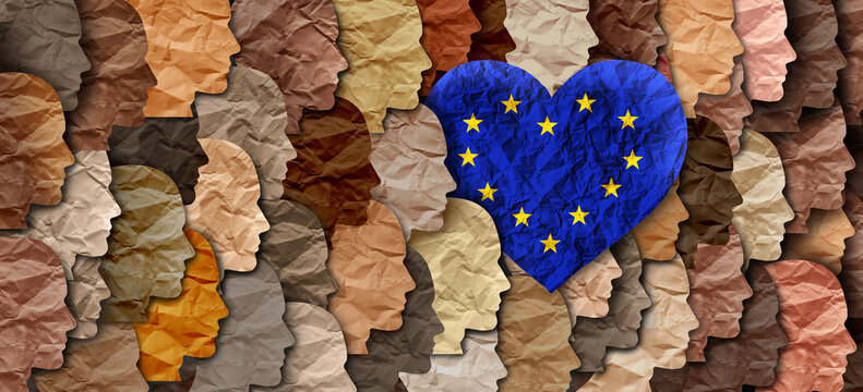 European Union Citizens as diverse EU people with the flag of Europe as a symbol for Germany France Italy and Spain group of citizens together united