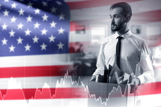 Corporate restructuring, Workforce reduction and economic pressure. Business professional carries a box from an office with US flag and market charts symbolizing layoffs.