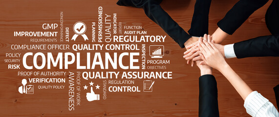 Fototapeta premium This image illustrates hands united in cooperation, emphasizing the importance of compliance, quality control, and assurance in a corporate setting. It showcases teamwork. Amity