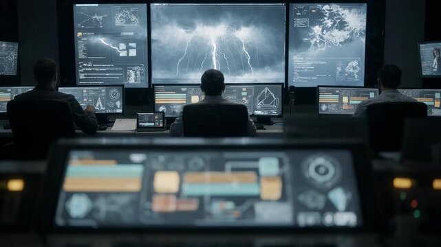 Clear shot of an interactive panel showing automated planner updates during a storm alert scenario main screen in focus operators and surroundings blurred.