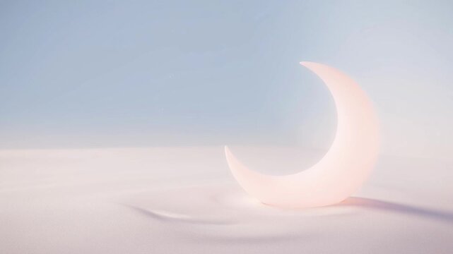 Crescent Moon Glow: A luminous crescent moon rests gently on a soft, textured surface, casting a serene and ethereal glow against a pale blue backdrop, evoking a sense of tranquility and wonder.